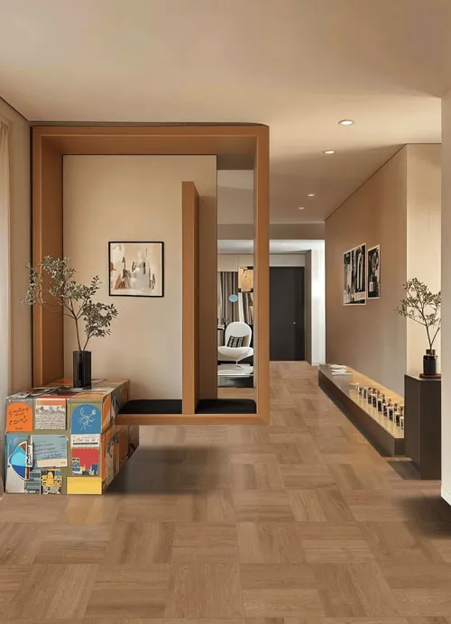 Warm Brown Oak Patchwork Wood-Look Porcelain Tile for Wall and Floor