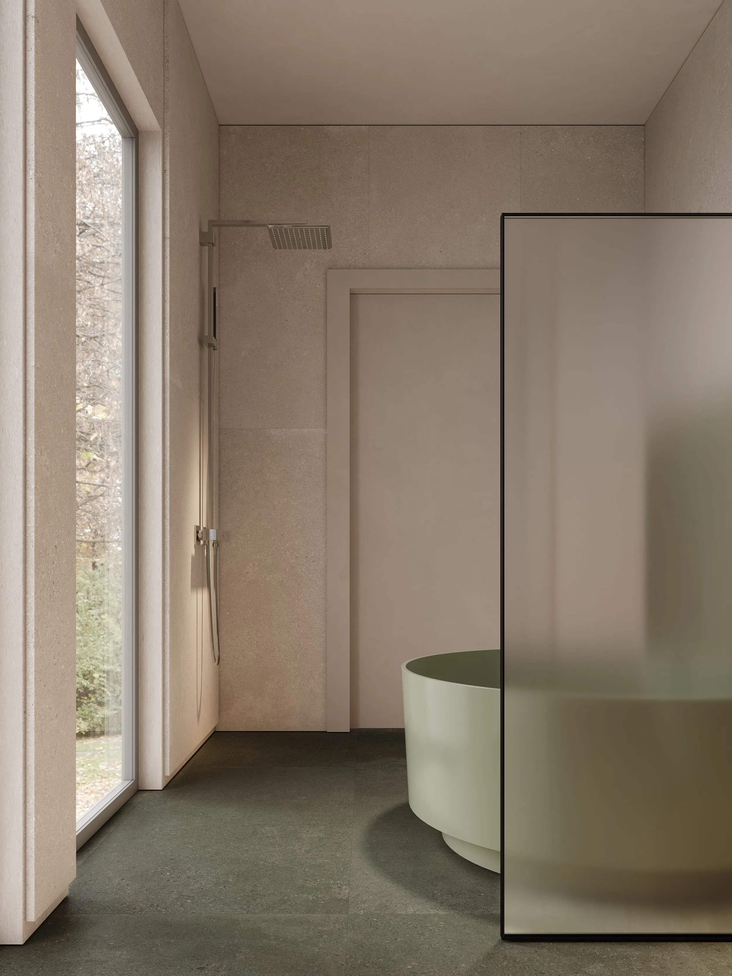 Soft Sage Green Limestone Cement-Look Porcelain Wall/Floor Tile