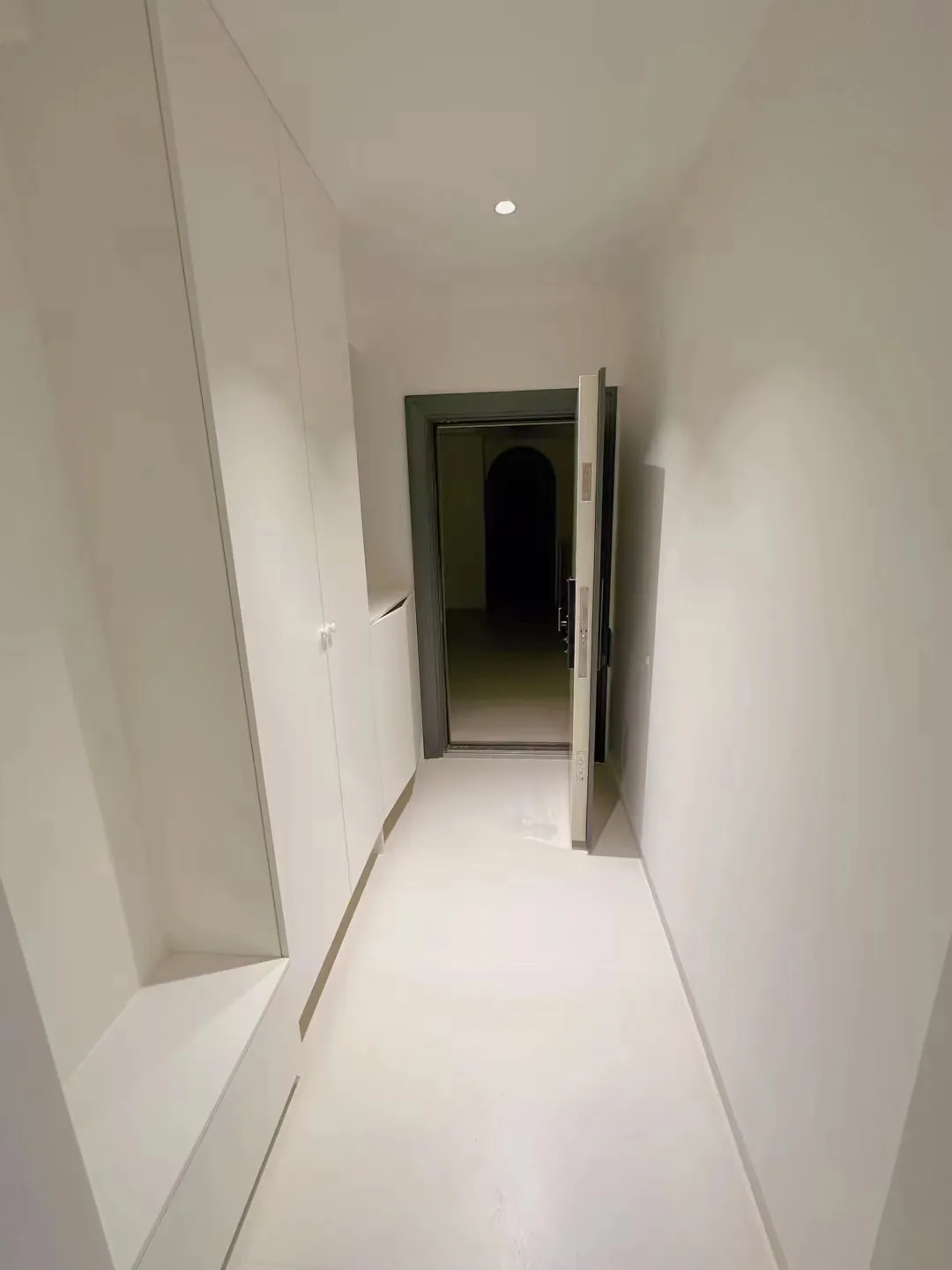 Modern Minimalist Apartment with Limestone Look Tiles - Modern Minimalist Hallway with Limestone Look Tiles