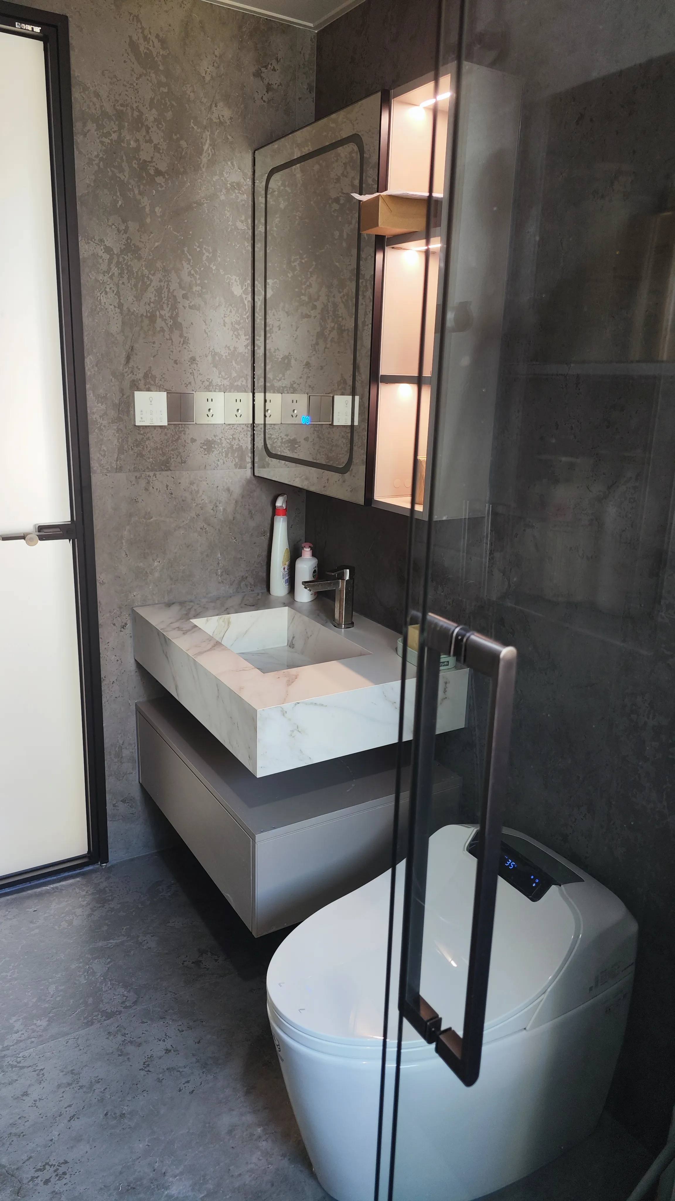 Quiet Luxury Bathroom with Concrete Look Tiles